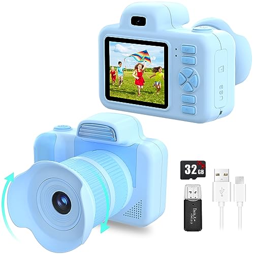 Kinderkamera Kinder Digitalkamera mit Musik Jungen Kind Fotoapparat Spielzeug Geschenk für 3 4 5 6 7 8 Jahre 12MP 1080P HD Videocamera mit MP3, drehbares Objektiv, Zoom, Selfies, Blitz, 2" IPS – Blau von YunLone