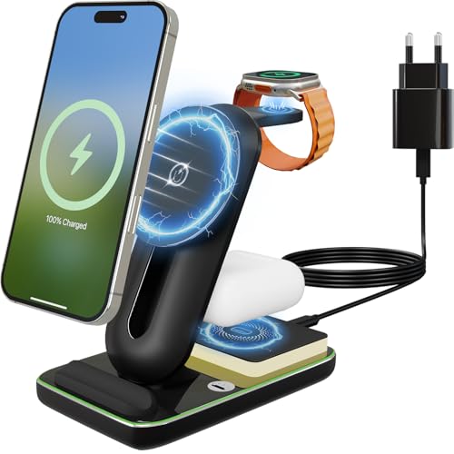 Yungyao Magsafe Ladegerät 3 in 1 iPhone Ladestation 20W Einstellbar Up Down Wireless Charger Schwarz Metallische Glas Induktive Ladestation für iPhone 16-8, SE 2-3, iWatch und AirPods von Yungyao