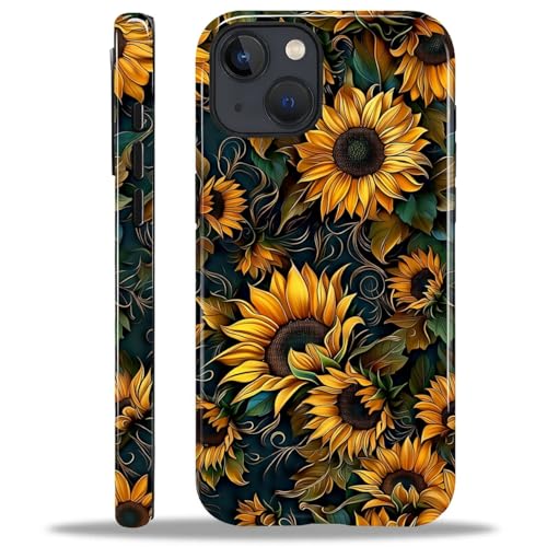 Yuning419 Schutzhülle kompatibel mit iPhone 15, Hybrid-Hartschalen-Schutzhülle, 2-lagig, stoßfest, robuste Handyhülle für iPhone 15, Sonnenblumen mit wirbelnden Blättern von Yuning419