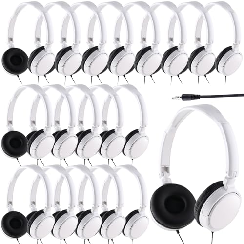 Yunsailing 18 Stück Klassenzimmer-Kopfhörer, Bulk-Student-Kopfhörer, kabelgebunden, für Kinder, Schule, mit einzeln verpackten, verstellbaren Over-Ear-Kopfhörern (weiß) von Yunsailing