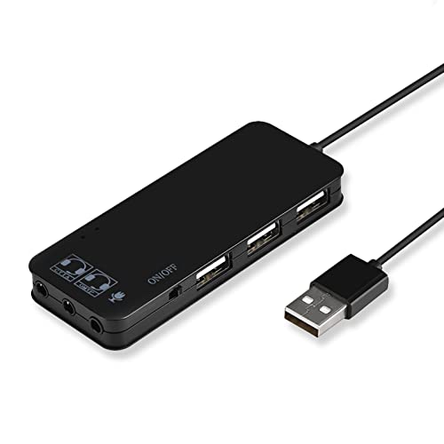2 in 1 3-Port USB 2.0 Hub + 7.1 Soundkartenadapter, Multi Port Splitter mit 2 Kopfhörer- und Mikrofonanschlüssen, für Mac, für Android, für Windows PC Tablet(Schwarz) von Yunseity