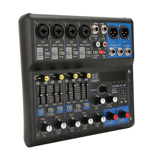 Bluetooth-Audiomixer, 8-Kanal-DJ-Mixer mit 99 DSP-Effekten, USB-Computereingang + Lotos-Ausgang, DJ-Controller-Stereomixer für Power-Stereo-DJ-Studio-Streaming (EU-Stecker) von Yunseity