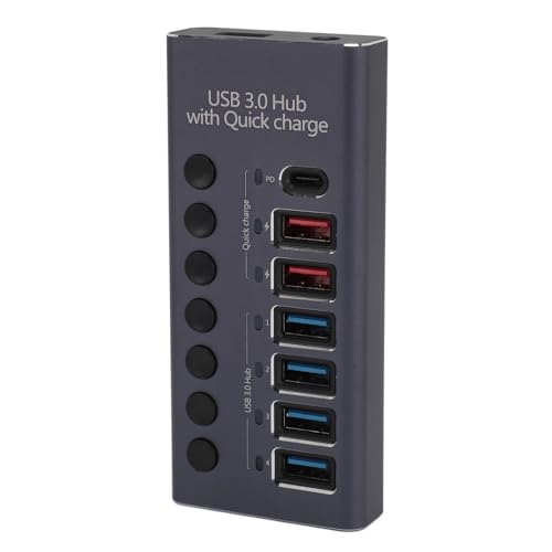USB 3.0-Hub, Einzelne Switches, 2 QC3.0 und 1 PD, 100–240 V, 5 Gbit/s, Plug-and-Play, 7 Anschlüsse, USB 3.0-Hub für Laptop (EU-Stecker) von Yunseity