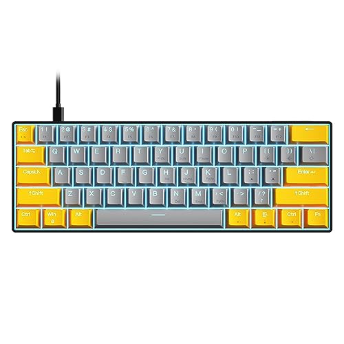 Yunseity 60% Mechanische Tastatur, 61 Tasten, Typ C, Kabelgebunden, Kompakte Tastatur, Computer-Gaming-Tastatur mit LED-Hintergrundbeleuchtung und Blauem Schalter, für (Gelbgrauer roter von Yunseity