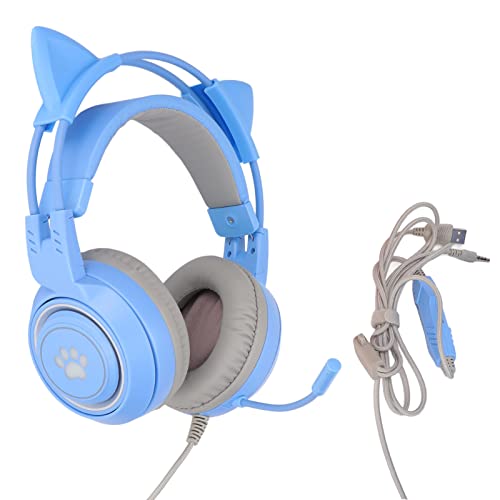 Yunseity Gaming-Headset, USB + 3,5 Mm Abnehmbarer Cat-Ear-Kopfhörer mit Noise-Cancelling-Mikrofon, Gaming-Kopfhörer für PS4, Xbox One, PC, Mobiltelefon(Blau) von Yunseity