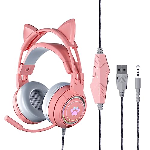 Yunseity Gaming-Headset, USB + 3,5 Mm Abnehmbarer Cat-Ear-Kopfhörer mit Noise-Cancelling-Mikrofon, Gaming-Kopfhörer für PS4, Xbox One, PC, Mobiltelefon(Rosa) von Yunseity