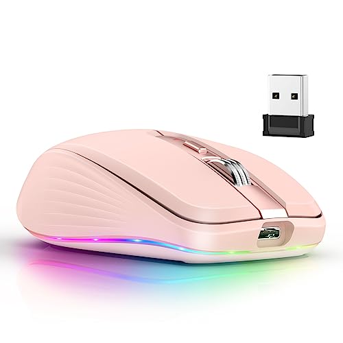 Yunseity Kabellose Maus, 2,4 G Kabellose, Wiederaufladbare Bluetooth-Maus, 2400 DPI, Ergonomische Kabellose Maus mit 14 RGB-Lichteffekten für Windows, OS X, IOS, Android (Rosa) von Yunseity