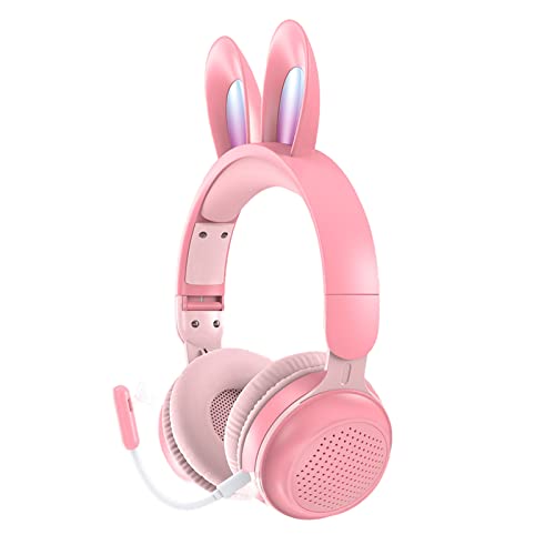 Yunseity Kinderkopfhörer, Bluetooth 5.0-Kopfhörer mit Hasenohr, Over-Ear-LED-Licht, Faltbares Kabelloses Headset, Unterstützung von TF/AUX, Geschenke für Kinder, Kleinkinder, Teenager(Rosa) von Yunseity