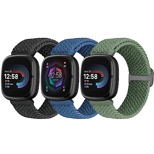 3 Stück Geflochtenes Armband Kompatibel mit Fitbit Versa 4 /Fitbit Sense 2 /Fitbit Versa 3 /Fitbit Sense Damen Herren, Weiches Elastisch Nylon Sport Solo Loop Ersatzband von Yunshare