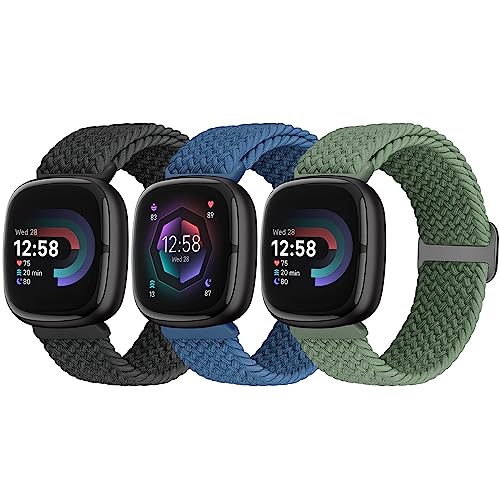 Yunshare 3 Stück Geflochtenes Armband Kompatibel mit Fitbit Versa 4 /Fitbit Sense 2/Fitbit Versa 3/Fitbit Sense, Weiches Elastisch Nylon Sport Solo Loop Ersatzband Damen Herren von Yunshare