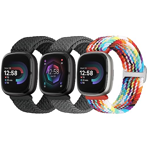 3 Stück Geflochtenes Armband Kompatibel mit Fitbit Versa 4 Armband/Fitbit Sense 2 Armband/Fitbit Versa 3 Armband/Fitbit Sense Armband Damen Herren, Weiches Elastisch Nylon Sport Solo Loop Ersatzband von Yunshare