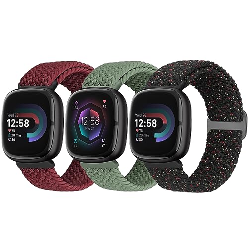 Yunshare 3 Stück Geflochtenes Armband Kompatibel mit Fitbit Versa 4 /Fitbit Sense 2/Fitbit Versa 3/Fitbit Sense, Weiches Elastisch Nylon Sport Solo Loop Ersatzband Damen Herren von Yunshare