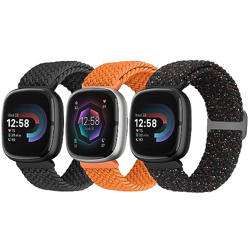 Yunshare 3 Stück Geflochtenes Armband Kompatibel mit Fitbit Versa 4 /Fitbit Sense 2/Fitbit Versa 3/Fitbit Sense, Weiches Elastisch Nylon Sport Solo Loop Ersatzband Damen Herren von Yunshare
