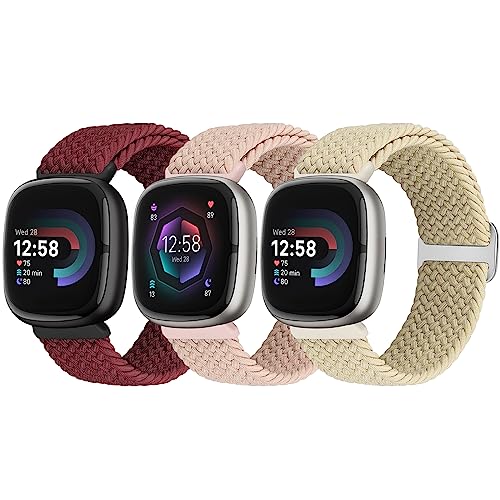Yunshare 3 Stück Geflochtenes Armband Kompatibel mit Fitbit Versa 4 /Fitbit Sense 2/Fitbit Versa 3/Fitbit Sense, Weiches Elastisch Nylon Sport Solo Loop Ersatzband Damen Herren von Yunshare
