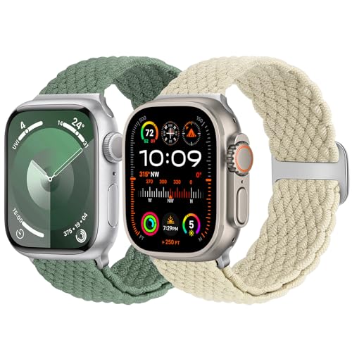 Yunshare 2 Stück Geflochtene Armband Kompatibel mit Apple Watch Armband 49mm 45mm 44mm 42mm 41mm 40mm 38mm für Damen Herren, Elastisches Nylon Armband für Apple Watch Series 9 8 7 6 5 4 3 SE Ultra 2 1 von Yunshare