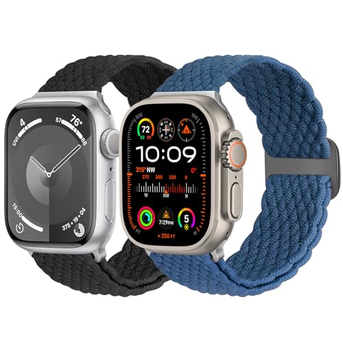 Yunshare 2 Stück Geflochtene Armband Kompatibel mit Apple Watch Armband 49mm 45mm 44mm 42mm 41mm 40mm 38mm für Damen Herren, Elastisches Nylon Armband für Apple Watch Series 9 8 7 6 5 4 3 SE Ultra 2 1 von Yunshare