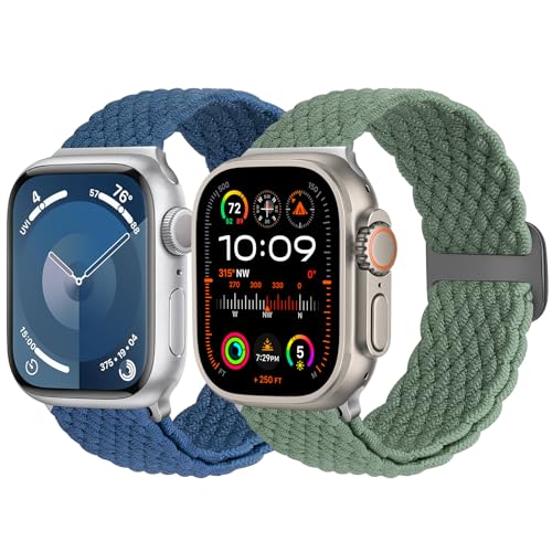 Yunshare 2 Stück Geflochtene Armband Kompatibel mit Apple Watch Armband 49mm 45mm 44mm 42mm 41mm 40mm 38mm für Damen Herren, Elastisches Nylon Armband für Apple Watch Series 9 8 7 6 5 4 3 SE Ultra 2 1 von Yunshare