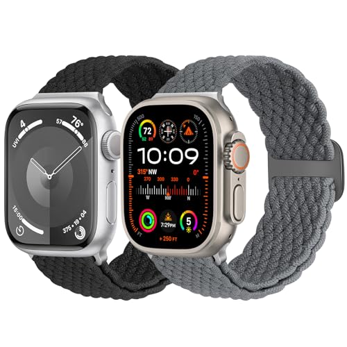 Yunshare 2 Stück Geflochtene Armband Kompatibel mit Apple Watch Armband 49mm 45mm 44mm 42mm 41mm 40mm 38mm für Damen Herren, Elastisches Nylon Armband für Apple Watch Series 9 8 7 6 5 4 3 SE Ultra 2 1 von Yunshare