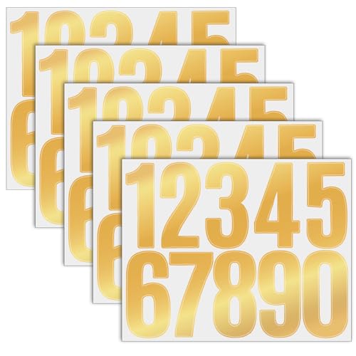 5 Blatt Zahlen Aufkleber, Gold Hausnummer Klebend, 0 bis 9 Reflektierende Vinyl Klebebuchstaben Wetterfest für Briefkasten, Postkasten, Hausnummern, Schilder, Mülltonnen von Yuomeaz