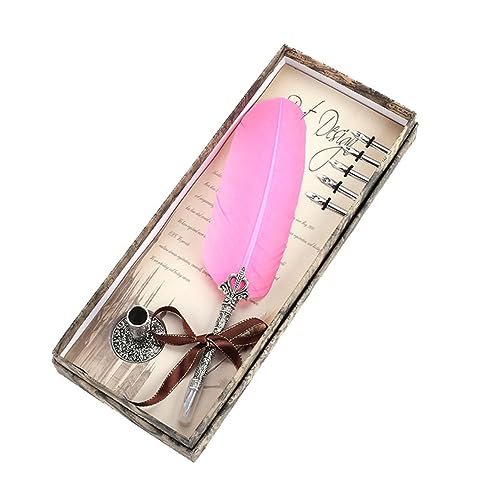 Yurosiay Schreibfeder Set Vintage Kalligraphie Stifte Feder Handgemachte Dip Pen Mit 5 Ersatzspitzen und 1 Stifthalter Antiken Federkiel Stift Feather Quil Dip Pen Feder für Geschenk Rosa von Yurosiay