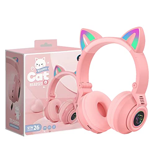 YUSONIC Kinder Kopfhörer Bluetooth, Over-Ear Katzenohren Kopfhörer mit LED Licht, Mikrofon, Micro SD/TF, für Handy/Tablet/PC. (pink) von Yusonic