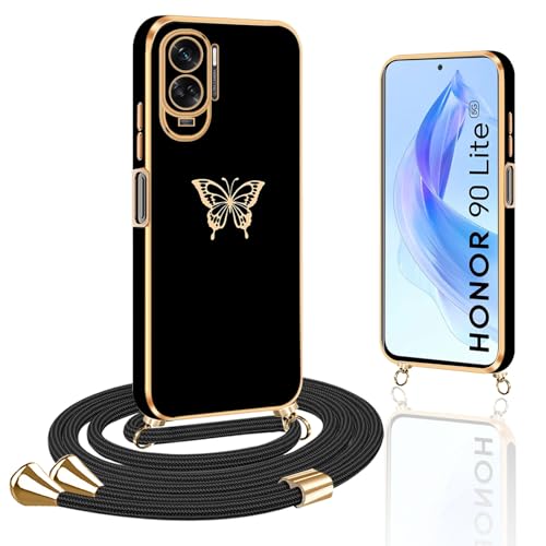 Handykette Kompatibel mit Honor 90 Lite Hülle mit Band, Schmetterling Handyhülle für Honor 90 Lite mit Band Silikon TPU Stoßfeste Schmetterling Schutzhülle Handykette für Honor 90 Lite 5G, Schwarz Handykette Kompatibel mit Honor 90 Lite Hülle mit Band, Schmetterling Handyhülle für Honor 90 Lite mit Band Silikon TPU Stoßfeste Schmetterling Schutzhülle Handykette für Honor 90 Lite 5G, Schwarz von Yutwo