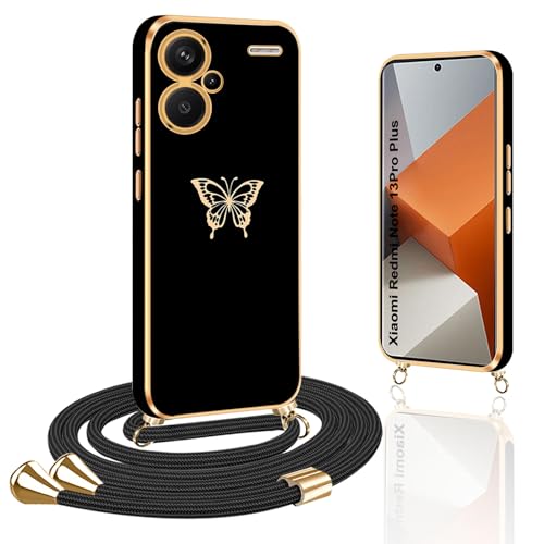 Handykette Kompatibel mit Redmi Note 13 Pro Plus Hülle mit Band, Schmetterling Handyhülle mit Band Silikon TPU Stoßfeste Schmetterling Schutzhülle Handykette für Xiaomi Redmi Note 13 Pro+ 5G, Schwarz von Yutwo