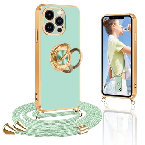 Handykette Kompatibel mit iPhone 14 Pro Max Hülle mit Band, Handyhülle mit Band 360° Halter Ständer Rotationsständer Kratzfest TPU Stoßfeste Schutzhülle für iPhone 14 Pro Max Handykette mit Ring, Grün von Yutwo