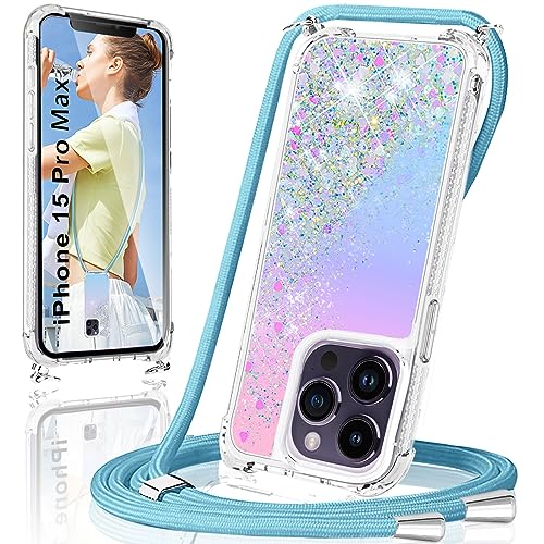 Handykette Kompatibel mit iPhone 15 Pro Max Hülle mit Band, Glitzer Flüssig Treibsand Handyhülle mit Kette für iPhone 15 Pro Max Stoßfest Schutzhülle mit Kordel zum Umhängen Quicksand Necklace Case von Yutwo