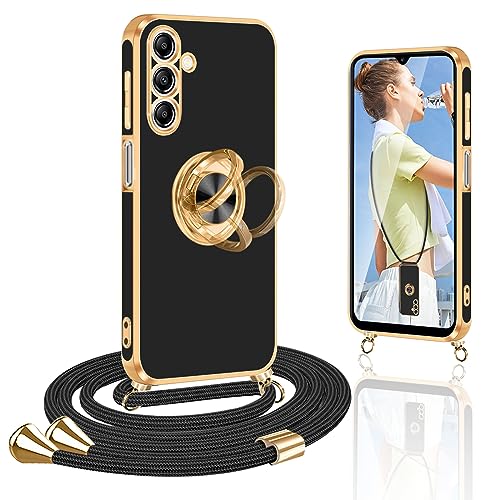 Handykette Samsung A14 Hülle mit Band, Handyhülle für Samsung A14 mit Band 360° Halter Ständer Kratzfest Silikon Dünn Stoßfeste Schutzhülle für Samsung Galaxy A14 5G Handykette mit Ring, Schwarz von Yutwo