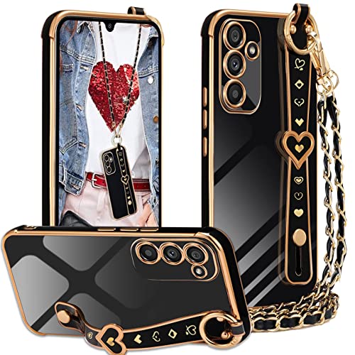 Handykette für Samsung Galaxy A34 5G Hülle mit Band Riemen Kickstand, Necklace Hülle mit Band Kameraschutz Handyhülle Plating Liebe Herz Luxus Armband TPU Silikon Stoßfest Schutzhülle für Samsung A34 von Yutwo