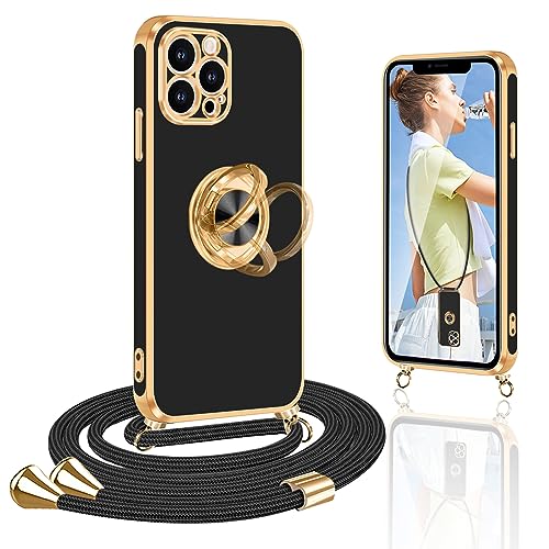 Handykette iPhone 14 Pro Hülle mit Band, Handyhülle für iPhone 14 Pro mit Band 360° Halter Ständer Rotationsständer Kratzfest Silikon Stoßfeste Schutzhülle iPhone 14 Pro Handykette mit Ring, Schwarz von Yutwo