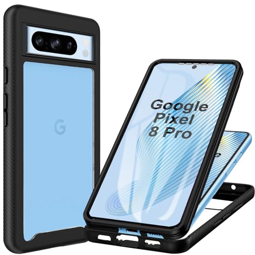 Hülle Kompatibel mit Google Pixel 8 Pro Handyhülle 360 Stoßfest Schutzhülle Rundumschutz Cover Silicon Case mit Eingebautem Displayschutz Robust Durchsichtig Handyhülle für Google Pixel 8 Pro, Schwarz von Yutwo