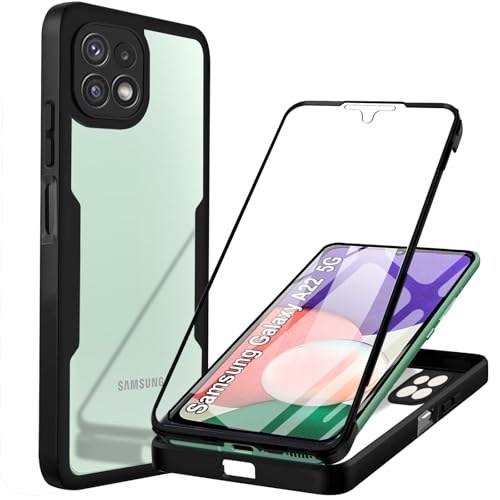 Hülle Kompatibel mit Samsung A22 5G Handyhülle 360 Stoßfest Schutzhülle Rundumschutz Cover Case mit Eingebautem Displayschutz Robust Transparent Silicon Handyhülle für Samsung Galaxy A22 5G, Schwarz von Yutwo