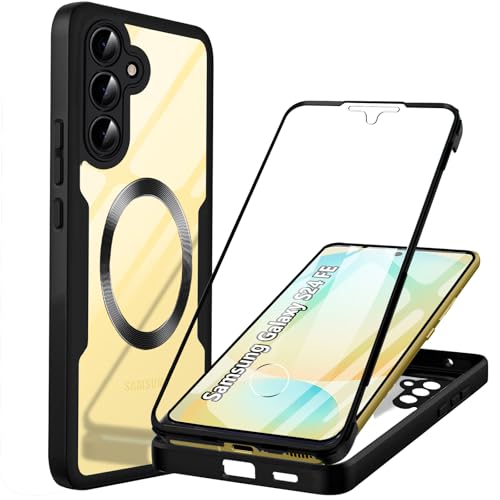 Magnetic Hülle Kompatibel mit Samsung S24 FE 360 Grad Schutz mit Eingebautem Displayschutz Stoßfest Schutzhülle Silikon Bumper Cover Transparent Clear Magnetisch Handyhülle für Galaxy S24 FE ,Schwarz von Yutwo