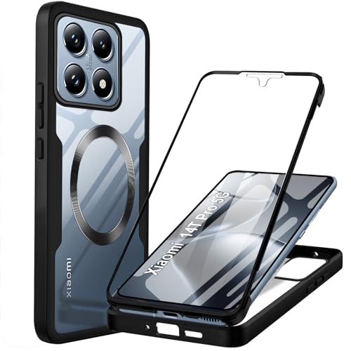 Magnetic Hülle Kompatibel mit Xiaomi 14T Pro 5G 360 Grad Schutz mit Eingebautem Displayschutz Stoßfest Schutzhülle Silikon Bumper Transparent Clear Magnetisch Handyhülle für Xiaomi 14T Pro 5G,Schwarz von Yutwo