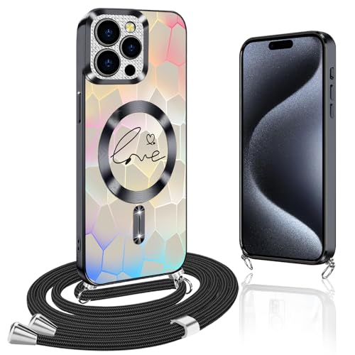 Magnetische Glitzer Geometrie Handykette Kompatibel mit iPhone 15 Pro Hülle mit Band [Kompatibel mit MagSafe] Handyhülle mit Band Clear Glitzernde Schutzhülle für iPhone 15 Pro Handykette, Schwarz von Yutwo