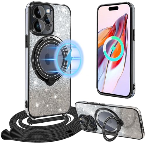 Magnetische Glitzer Handykette Kompatibel mit iPhone 14 Pro Max Hülle mit Band [Kompatibel mit MagSafe] Handyhülle mit Band für iPhone 14 Pro Max mit Ständer Schutzhülle Handykette mit Ring, Schwarz von Yutwo