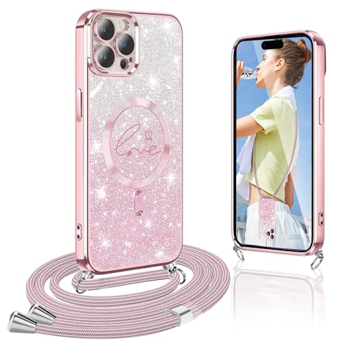 Magnetische Glitzer Herz Love Handykette Kompatibel mit iPhone 14 Pro Max Hülle mit Band [Kompatibel mit MagSafe] Handyhülle mit Band Transparent Glitzer Schutzhülle für iPhone 14 Pro Max Handykette von Yutwo