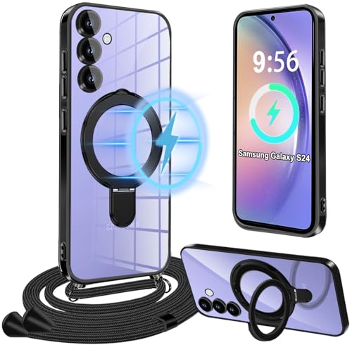 Magnetische Handykette Kompatibel mit Samsung S24 Hülle mit Band, [Kompatibel mit MagSafe] Handyhülle mit Band für Galaxy S24 mit Ständer TPU Schutzhülle für Samsung S24 Handykette mit Ring, Schwarz von Yutwo