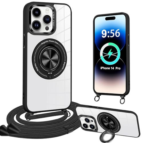 Magnetische Handykette Kompatibel mit iPhone 14 Pro Hülle mit Band [Kompatibel mit MagSafe] Handyhülle mit Band Transparent Acryl Schutzhülle mit Ständer für iPhone 14 Pro Handykette mit Ring, Schwarz von Yutwo