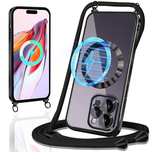 Magnetische Handykette Kompatibel mit iPhone 14 Pro Hülle mit Band [Kompatibel mit MagSafe] Handyhülle mit Band Transparent Silikon TPU Stoßfeste Schutzhülle für iPhone 14 Pro Handykette, Schwarz von Yutwo