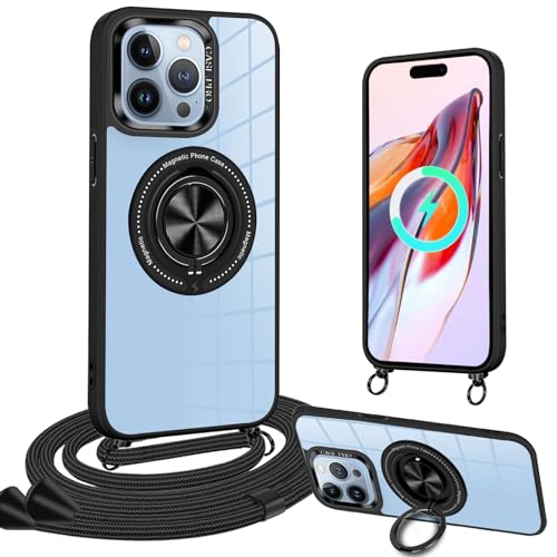 Magnetische Handykette Kompatibel mit iPhone 14 Pro Max Hülle mit Band [Kompatibel mit MagSafe] Handyhülle mit Band Transparent Acryl Schutzhülle mit Ständer für iPhone 14 Pro Max Handykette mit Ring von Yutwo