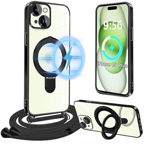 Magnetische Handykette Kompatibel mit iPhone 15 Plus Hülle mit Band, [Kompatibel mit MagSafe] Handyhülle mit Band für iPhone 15 Plus mit Ständer TPU Schutzhülle für iPhone 15 Plus Handykette mit Ring von Yutwo