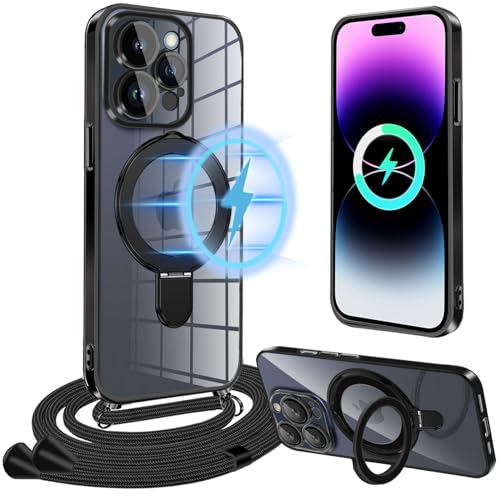 Magnetische Handykette Kompatibel mit iPhone 15 Pro Hülle mit Band, [Kompatibel mit MagSafe] Handyhülle mit Band für iPhone 15 Pro mit Ständer TPU Schutzhülle für iPhone 15 Pro Handykette mit Ring von Yutwo