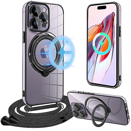 Magnetische Handykette Kompatibel mit iPhone 15 Pro Hülle mit Band, [kompatibel mit MagSafe] Handyhülle mit Band für iPhone 15 Pro mit Ständer TPU Schutzhülle für iPhone 15 Pro Handykette mit Ring von Yutwo