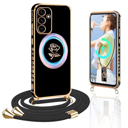 Magnetische Rosen Handykette Kompatibel mit Samsung Galaxy S23 FE Hülle mit Band [kompatibel mit MagSafe] Handyhülle mit Band Silikon TPU Stoßfeste Schutzhülle für Galaxy S23 FE Handykette, Schwarz von Yutwo