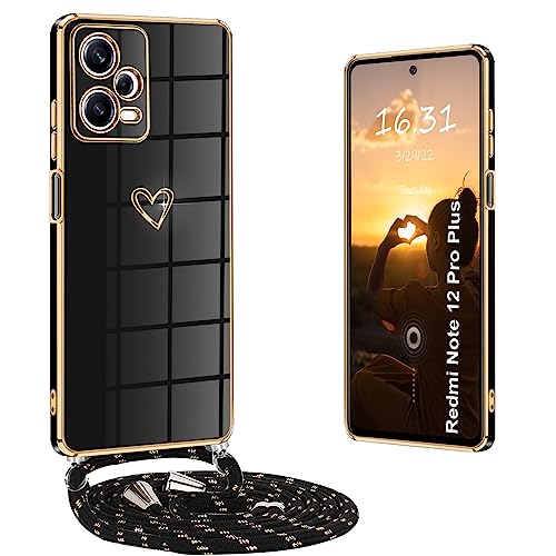 Yutwo Handyhülle Redmi Note 12 Pro Plus mit Band, Handykette Redmi Note 12 Pro Plus Hülle mit Band Silikon Stoßfeste mit Herz Love Design Schutzhülle für Xiaomi Redmi Note 12 Pro Plus, Schwarz von Yutwo