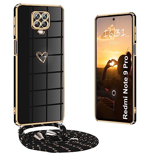 Yutwo Handyhülle Redmi Note 9 Pro mit Band, Handykette Redmi Note 9 Pro Hülle mit Band Silikon Stoßfeste mit Herz Love Design Schutzhülle für Xiaomi Redmi Note 9 Pro, Schwarz von Yutwo