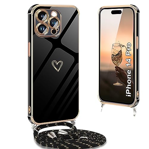 Yutwo Handyhülle iPhone 14 Pro mit Band, Handykette iPhone 14 Pro Hülle mit Band Silikon Stoßfeste iPhone 14 Pro Hülle mit Band mit Herz Love Design Schutzhülle für iPhone 14 Pro, Schwarz von Yutwo